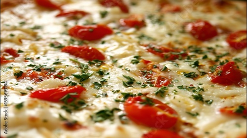 A detailed view of a pizza featuring melted cheese, cherry tomatoes, and fresh herbs