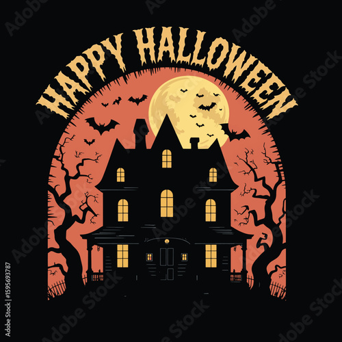 Halloween haunted house silhouette with bats and full moon illustration