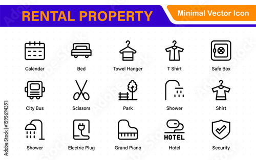 Rental property icons. Set of apartment reservation, hotel booking, five-star hotel, service line vector web icon.Hotel universal set with Building, Parking,  Meal, and Air conditioner.