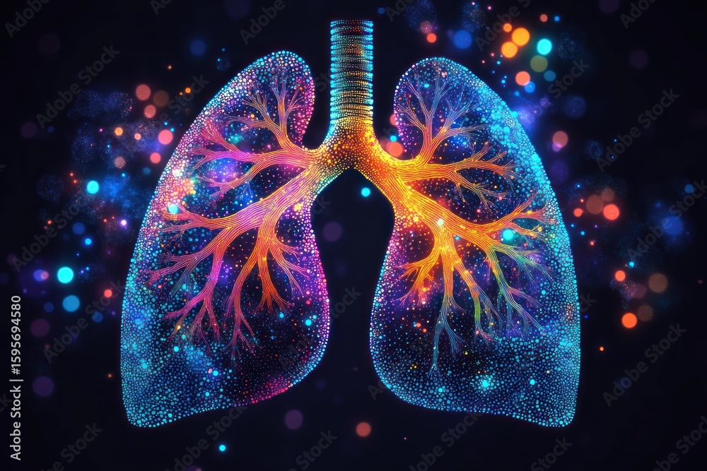custom made wallpaper toronto digitalGlowing digital illustration of human lungs with bright branching bronchi against dark background, emitting colorful particles symbolizing breath and vitality