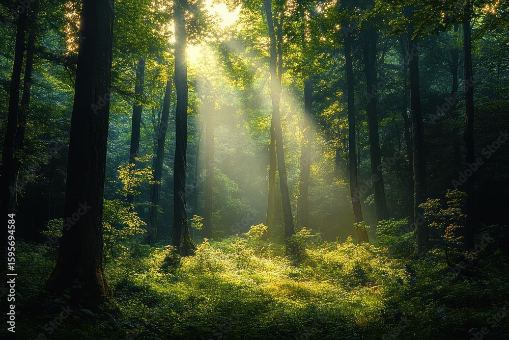 Obraz premium Sunlight streaming through tall trees illuminating green forest floor creating a peaceful and serene natural atmosphere