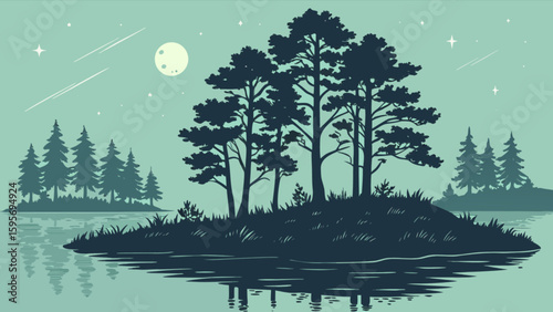 Silhouette of trees on an island reflecting in water under a moonlit starry night sky landscape view
