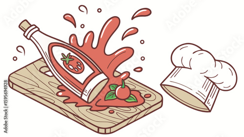 Cartoon illustration of ketchup bottle spilling on a wooden board next to a chef's hat image