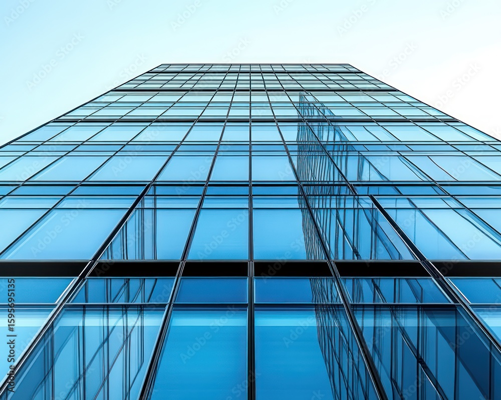 Obraz premium Looking up at a modern glass skyscraper reflecting the clear blue sky and neighboring building with clean lines and geometric patterns