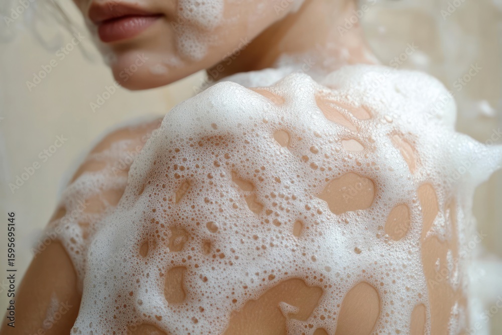 Fototapeta premium close-up of a person gently covered in white foam bubbles while bathing, conveying a sense of cleanliness and calm