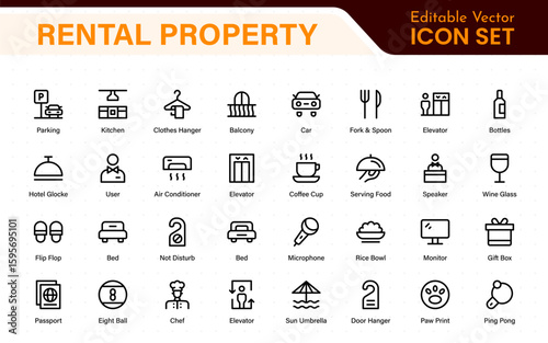 Rental property icons. Set of apartment reservation, hotel booking, five-star hotel, service line vector web icon.Hotel universal set with Building, Parking,  Meal, and Air conditioner.