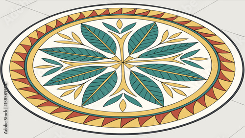 Oval medallion design with green leaves and geometric border on a light gray tiled floor surface