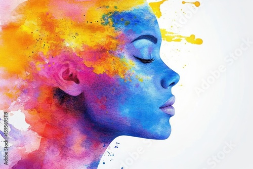 Profile of a serene woman's face painted in vibrant blue with colorful abstract splashes of orange, pink, and yellow around her head representing creativity and calmness