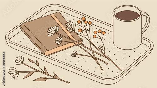 Still life of a book, flowers, and a mug on a tray, creating a cozy and artistic composition