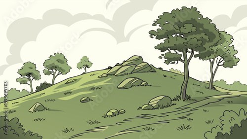 Illustration of a grassy hill with trees rocks and a winding path under a cloudy sky landscape view