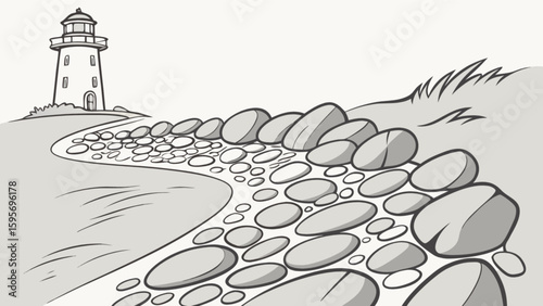 A lighthouse stands tall near a rocky path leading through a coastal landscape illustration scene