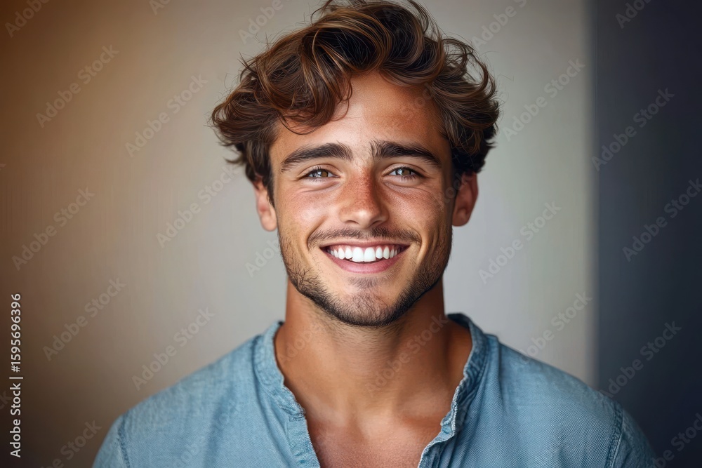 Fototapeta premium Portrait of a young man with wavy hair and a bright smile wearing a casual blue shirt against a neutral background, conveying warmth and confidence
