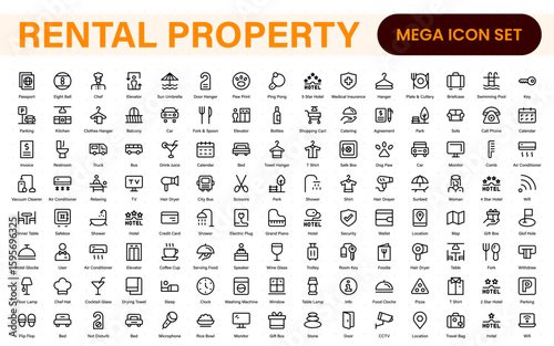 Rental property icons. Set of apartment reservation, hotel booking, five-star hotel, service line vector web icon.Hotel universal set with Building, Parking,  Meal, and Air conditioner.
