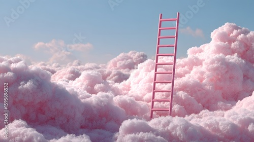 Pink ladder reaching into pastel clouds