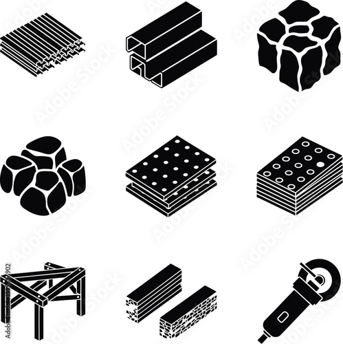 Construction Materials Silhouette Icon Set - Tools, Building & Equipment