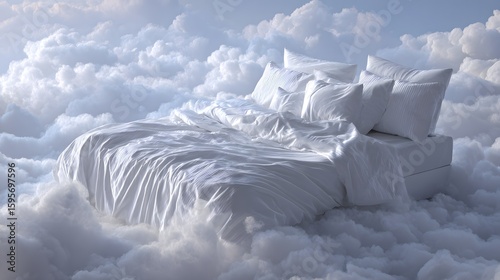 White bed floating in fluffy clouds
