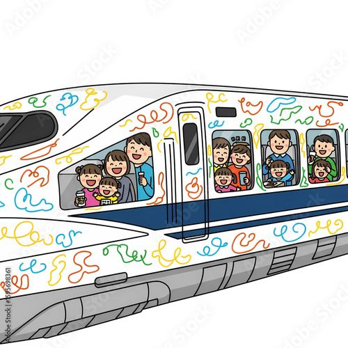 Cartoon happy family traveling by train illustration