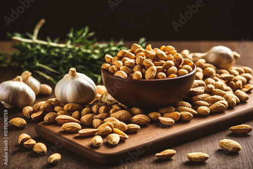 A bright green plate containing a mix of roasted peanuts and garlic chips. The peanuts are golden brown, some whole and some split.