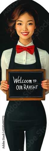 Smiling young woman dressed in white shirt, red bow tie, and black apron holding a small chalkboard sign with a handwritten welcome message