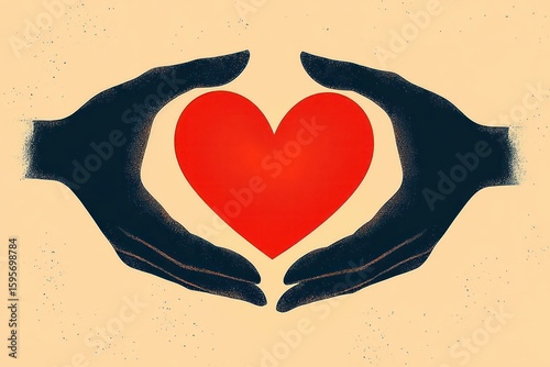 Two dark hands gently holding or framing a bright red heart shape on a beige background symbolizing care and love