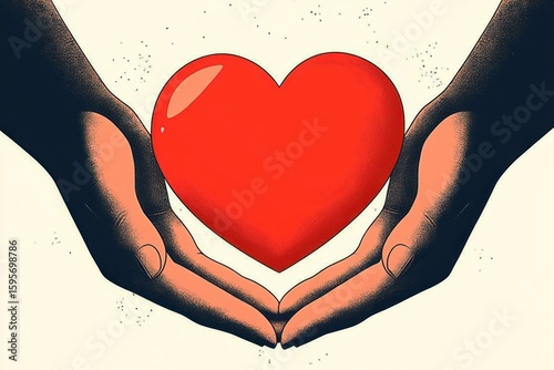 Two hands gently holding a shiny red heart symbol against a light textured background, conveying care and love