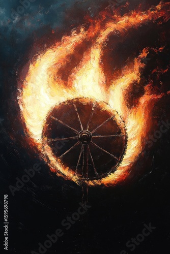 a dark wheel engulfed in bright, intense flames against a black background, evoking motion and powerful energy