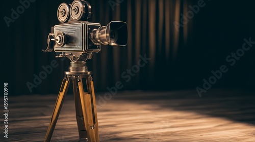 A vintage cinema camera stands on a wooden floor with curtains