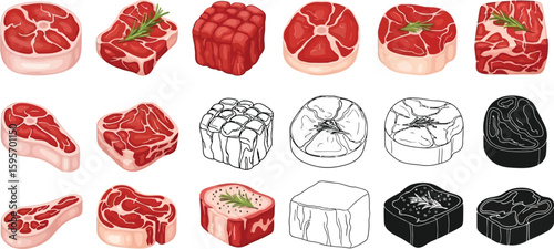 Raw meat cuts vector illustration, beef steak drawing, meat products, butcher shop assortment design