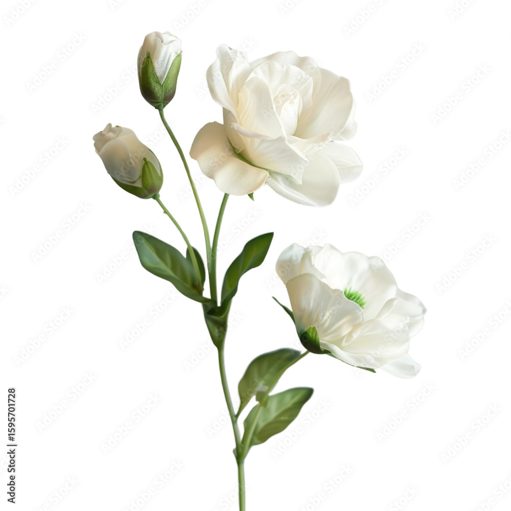 Obraz premium Elegant white flower bouquet with three blossoms and buds, isolated on transparent background. background removed