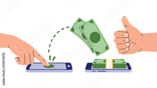 Hand sending money via mobile device with thumbs up approval vector