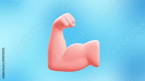 3D rendered stylized pink flexed arm and fist against a serene, gradient cyan backdrop showcasing strength and muscle
