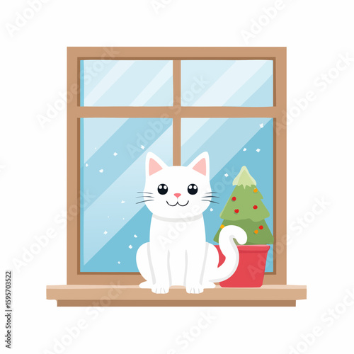 A cute white cat sitting by the window, gazing outside.