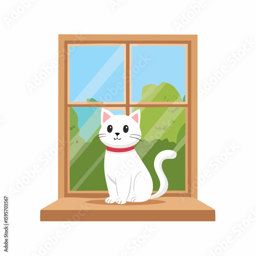 A cute white cat sitting by the window, gazing outside.