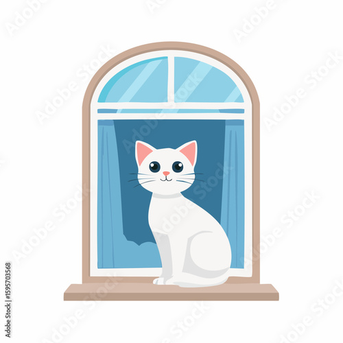 A cute white cat sitting by the window, gazing outside.