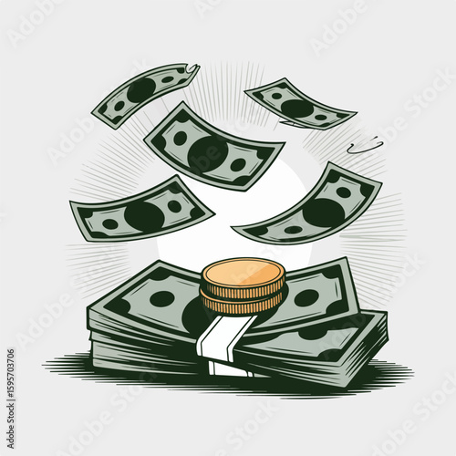 Stacked currency with flying banknotes and coins money cash