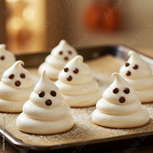 Cute spooky ghost meringue cookies for sweet halloween treat. Homemade chocolate chip dessert on baking paper, fun whimsical food for any festive autumn party