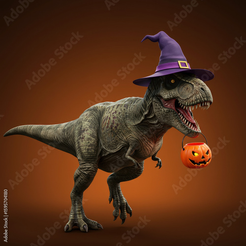 Funny yet scary tyrannosaurus dinosaur in halloween costume. ferocious creature wears purple witch hat and holds pumpkin for trick or treat celebration