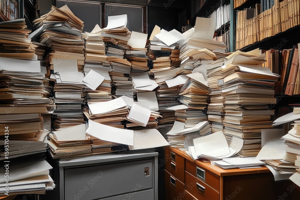 Obraz premium Overwhelming clutter of tall stacks of scattered papers and files covering desks and shelves in a dimly lit room, evoking a sense of disorganization and chaos