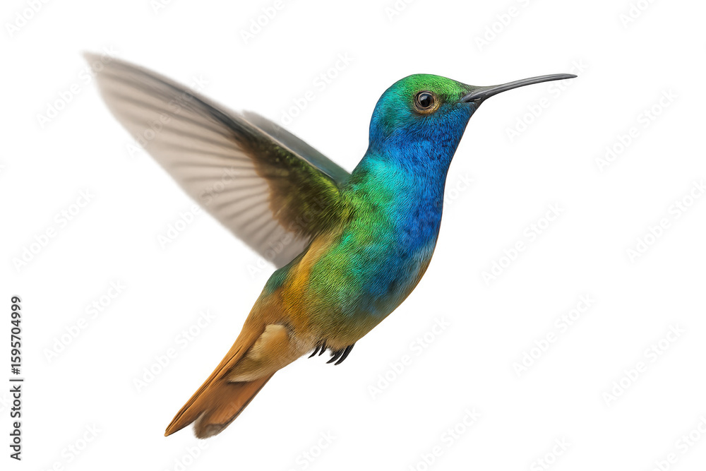 Fototapeta premium Vibrant hummingbird hovering, displaying shimmering plumage against transparent backdrop