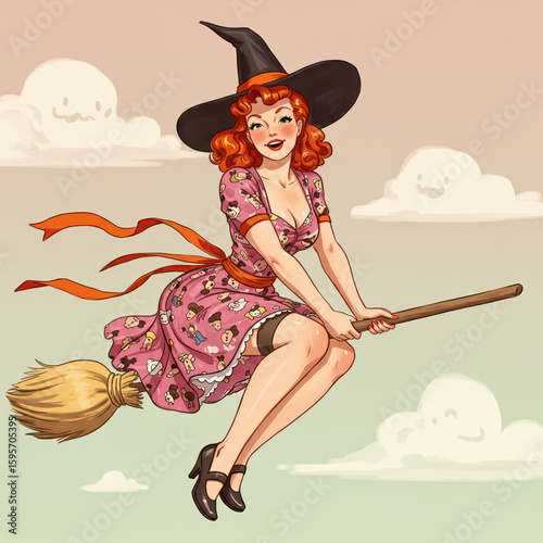 Smiling pin up witch woman riding classic broomstick. Cheerful retro Halloween illustration shows beautiful lady flying through cloudy sky with happy expression