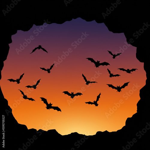 Spooky flock of bat in silhouette flying from dark cave entrance at sunset. Mysterious twilight scene perfect for halloween, showing nocturnal animal behavior