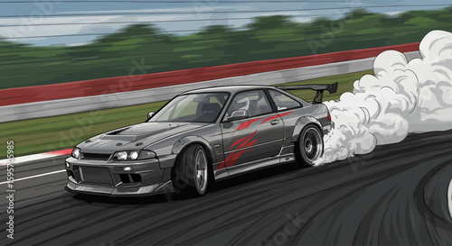 Dynamic Illustration of a High-Performance Sports Car Drifting on a Racetrack, Kicking Up a Cloud of Smoke During an Intense Motorsport Event with Agile Precision