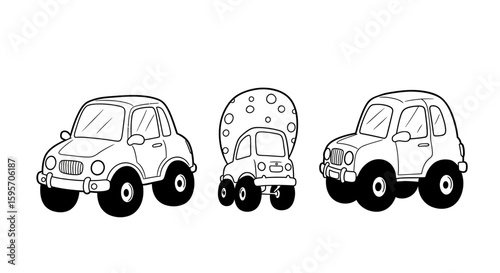 Charming Vehicle Trio Sketch of Cars and a Cement Mixer