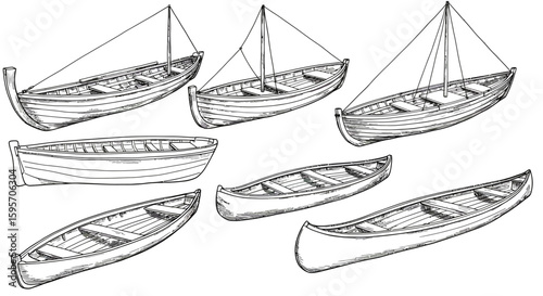 A collection of hand-drawn vintage boats, including sailboats, canoes, and rowboats. Sketch style illustration set of traditional watercraft.