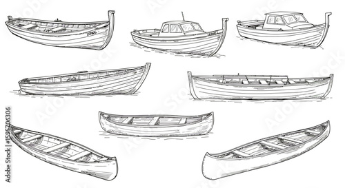 A collection of various hand-drawn boats in a sketch style. Nautical set of water transport vessels like canoes and motorboats.