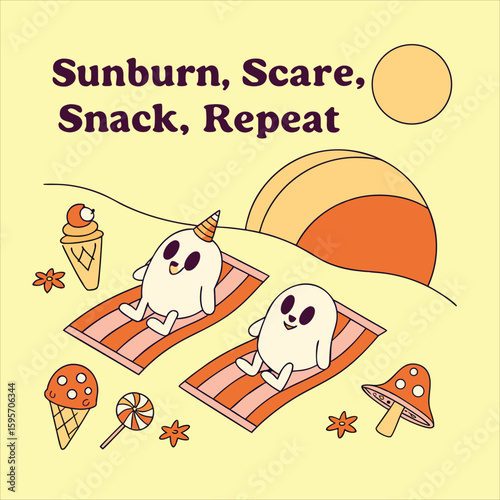 Two cartoon ghosts sunbathing on beach towels with snacks and a mushroom