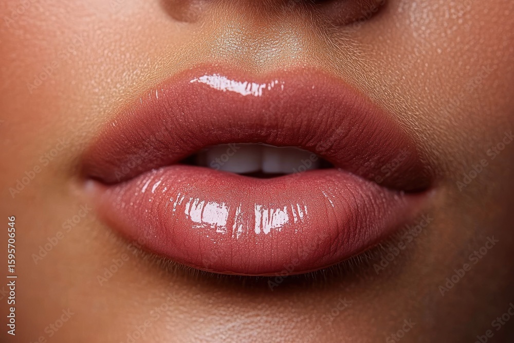 Fototapeta premium Close-up of glossy, full lips with smooth skin and natural makeup highlighting lip texture and shine