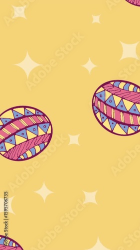 Animation of multiple decorated easter eggs and stars on yellow background