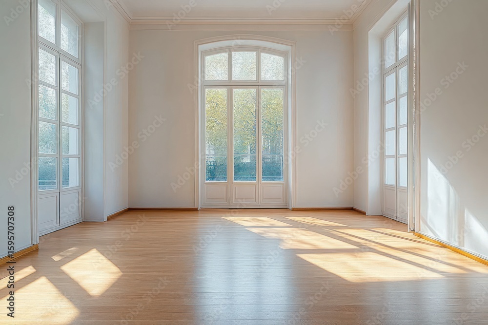 Obraz premium Empty spacious room with large arched windows, white walls, and warm sunlight casting shadows on wooden floor, bright and airy atmosphere