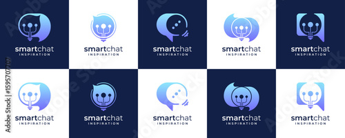 Collections of Smart Communications Logo Design Ideas. Abstract Combination of Speech Bubble Chat with Light Bulbs Concept.